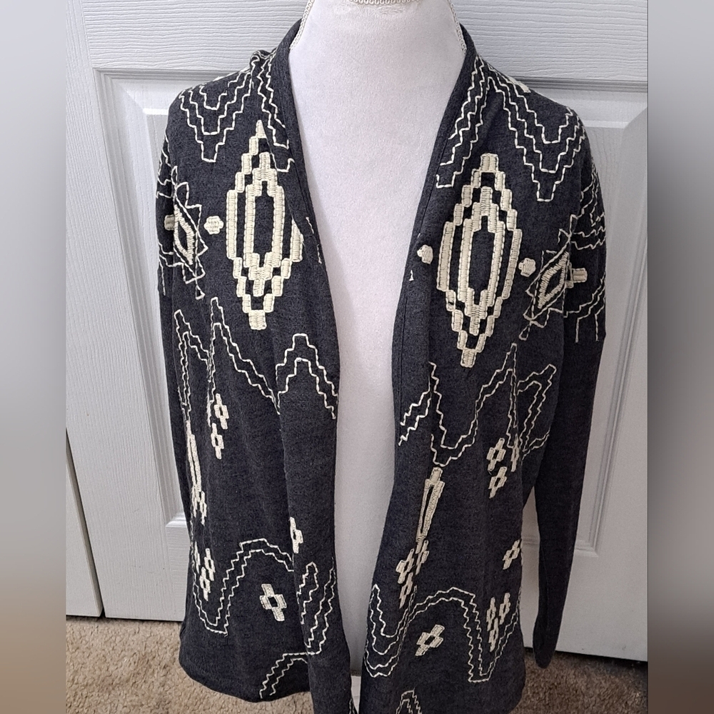 Lucky Brand Grey Embroidered Cardigan